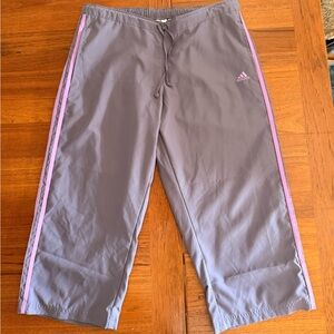 Adidas Gray/purplish track capris with Pink stripes